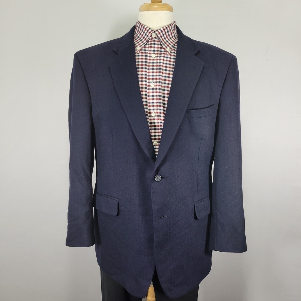 JOS A BANK Men's Sport Coat Blazer‎ Two Button Navy Herringbone Wool 46R
